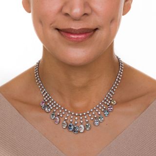 Multi-Color No-Heat Sapphire and Diamond Fringe Necklace