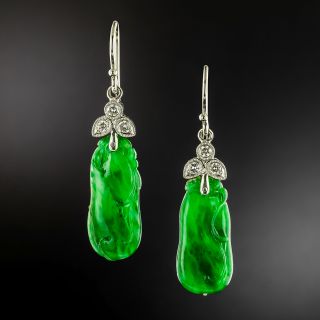 Natural Burmese Jade and Diamond Dangle Earrings by Jyes - 2