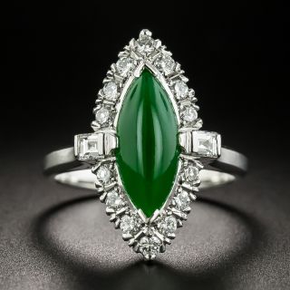 Natural Burmese Jade Marquise Cabochon and Diamond Ring - 1
