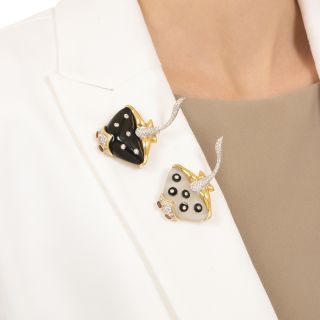 Pair of Rock Crystal and Black Enamel Stingray Brooches, Italian