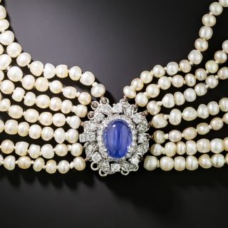  Pearl Necklace With No-Heat 7.00 Carat Sapphire and Diamond Clasp By G. Petochi - GIA - 2