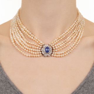  Pearl Necklace With No-Heat 7.00 Carat Sapphire and Diamond Clasp By G. Petochi - GIA