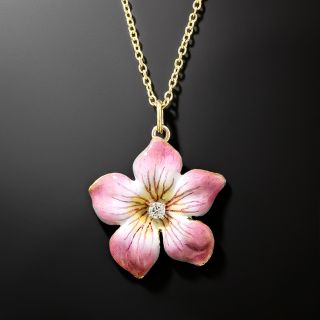 Pink Enamel and Diamond Flower Pendant - 2