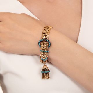 Portuguese Victorian-Inspired Turquoise Chrysocolla Buckle and Tassel Bracelet
