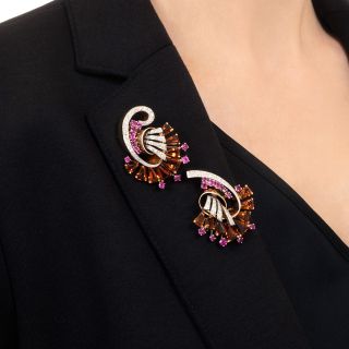 Retro 18K Citrine, Ruby, and Diamond Brooch Pair