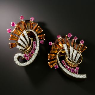 Retro 18K Citrine, Ruby, and Diamond Brooch Pair - 3