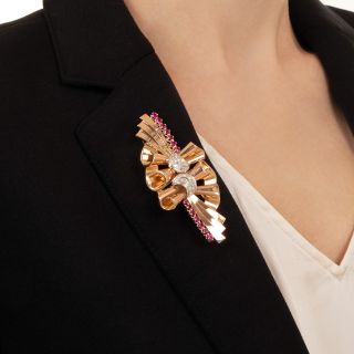 Retro 18K Ruby* and Diamond Clips/Brooch
