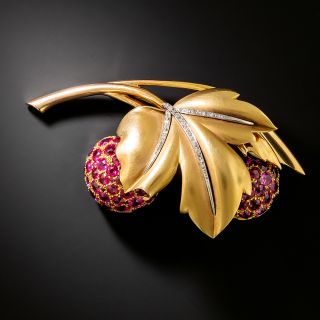 Retro 18K Synthetic Ruby and Diamond Leaf Brooch, Portugal - 2