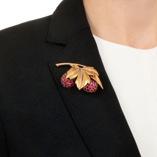 Retro 18K Synthetic Ruby and Diamond Leaf Brooch, Portugal