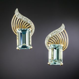 Retro Aquamarine and Diamond Earrings  - 2