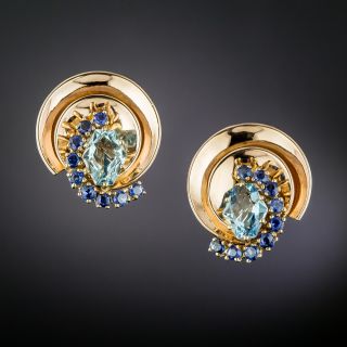 Retro Aquamarine and Sapphire Earrings  - 1