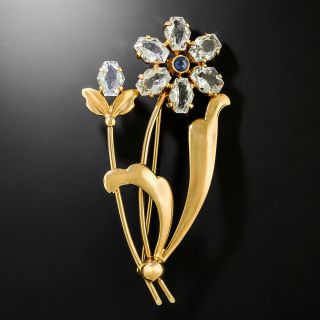 Retro Aquamarine and Sapphire Flower Brooch by Allsopp-Bliss - 3