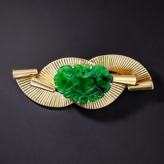 Retro Carved Natural Burmese Jade Brooch - 1