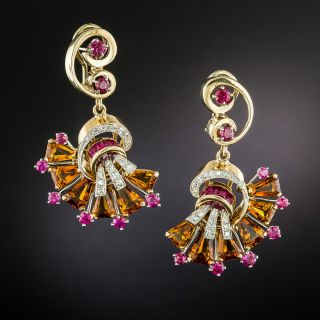 Retro Citrine, Ruby and Diamond Dangle Earrings  - 3