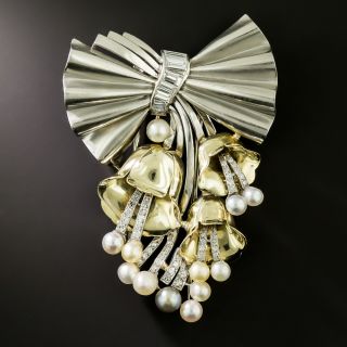 Retro Diamond and Pearl Bow and Bellflower Brooch  - 3