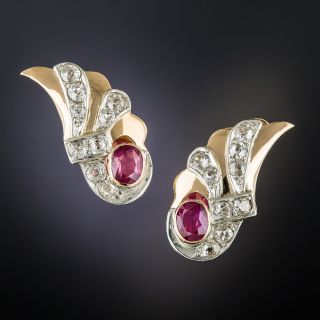 Retro No-Heat Burma Ruby and Diamond Wing Earrings - 1