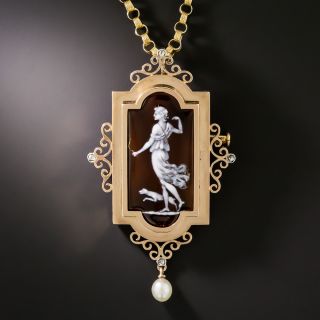Victorian 18K, Enamel, Pearl and Diamond Artemis Pendant Locket/Brooch - 2