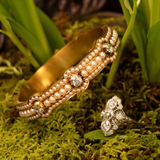 Victorian 18K Natural Pearl and Diamond Bangle Bracelet