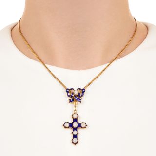 Victorian 18K Opal and Blue Enamel Cross