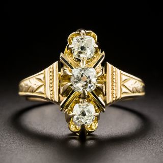 Victorian 18K Three-Stone Diamond and Enamel Ring - 2