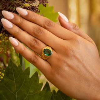Victorian 4.00 Carat Emerald 22K Carved Ring - GIA, Size 7 1/2