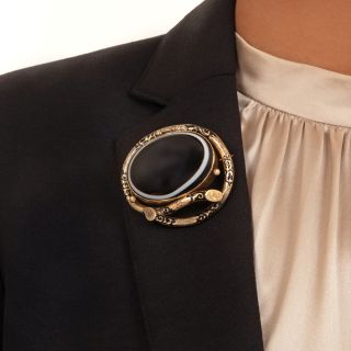 Victorian Agate and Enamel Locket-Backed Brooch
