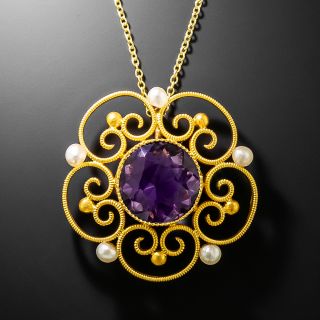 Victorian Amethyst and Freshwater Pearl Scroll Pendant - 3