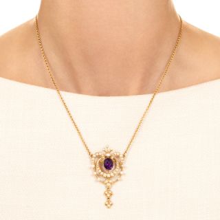 Victorian Amethyst and Natural Pearl Lavaliere Necklace