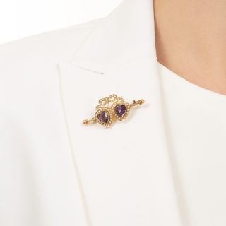 Victorian Amethyst and Seed Pearl Hearts Brooch
