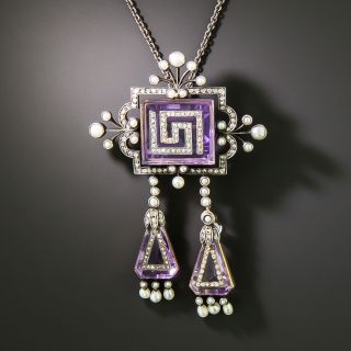 Victorian Amethyst, Diamond and Natural Pearl Tassel Pendant / Brooch - 2