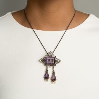 Victorian Amethyst, Diamond and Natural Pearl Tassel Pendant / Brooch