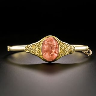 Victorian/Art Nouveau Coral Cameo Bangle Bracelet - 2