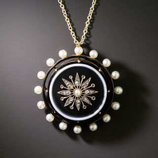 Victorian Banded Agate, Diamond and Natural Pearl Pendant Locket - 2