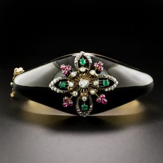 Victorian Black Enamel, Diamond, Ruby and Emerald Bangle Bracelet - 3