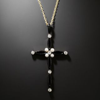 Victorian Black Enamel, Pearl and Diamond Cross - 2