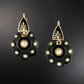 Victorian Black Onyx and Pearl Flower Earrings - 2