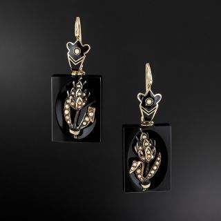 Victorian Black Onyx, Pearl and Enamel Earrings - 2