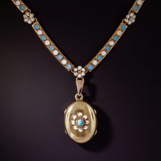 Victorian Blue and White Enamel Locket Necklace - 0