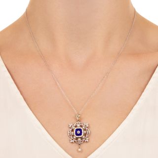 Victorian Blue and White Enamel, Pearl and Diamond Pendant/Brooch