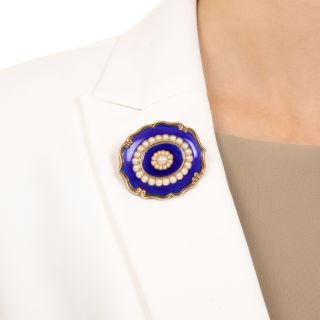 Victorian Blue Enamel and Natural Pearl Brooch/Locket, Circa 1841