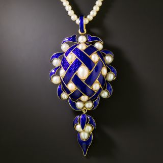 Victorian Blue Enamel and Natural Pearl Locket Necklace - 3