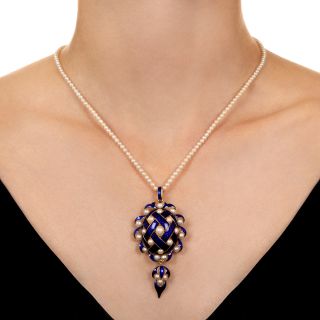 Victorian Blue Enamel and Natural Pearl Locket Necklace