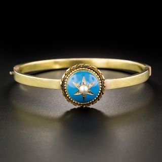 Victorian Blue Enamel and Pearl Bangle Bracelet - 5