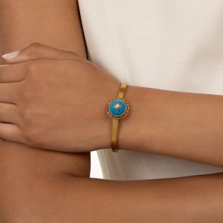 Victorian Blue Enamel and Pearl Bangle Bracelet