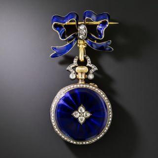 Victorian Blue Enamel and Rose Cut Diamond Pin Watch  - 4