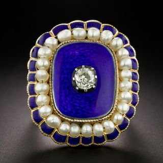 Victorian Blue Enamel, Diamond And Natural Pearl Ring - 3