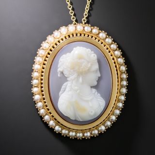 Victorian Carnelian Cameo and Natural Seed Pearl Pendant - 2