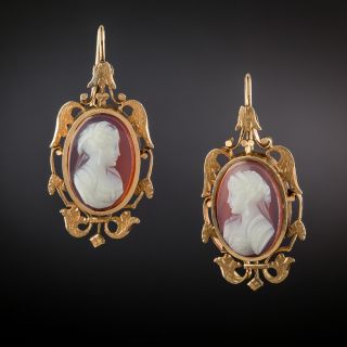 Victorian Carnelian Cameo Dangle Earrings - 3