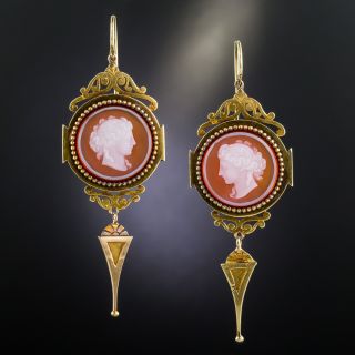 Victorian Carnelian Cameo Long Drop Earrings - 1
