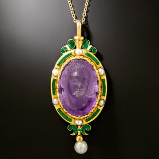 Victorian Carved Amethyst Cameo, Pearl and Enamel Pendant - 2